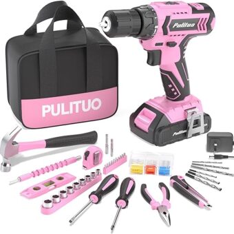 PULITUO 20V Pink Cordless Lithium-ion Drill Driver and Home Tool Set, Household Tools Set with DIY Drill Driver for Women, Home Hand Repair Basic...