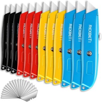 REXBETI 12 Pack Utility Knife Retractable Box Cutter, 4 Color Heavy Duty Aluminum Shell Knife Sets with Extra 20pc SK5 Blades for Cartons,...