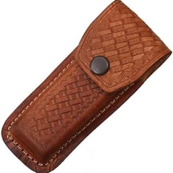 Sheath Folding Knife Sheath, Brown leather w/embossed basketweave, 4.5-5.25i...