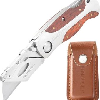 Sheffield 12818 Ultimate Lock Back Utility Knife with Leather Sheath, Folding, Box Cutter Knife, Carpet Knife, Drywall Cutter, and More,...