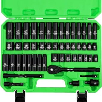 SWANLAKE 3/8" Drive Impact Socket Set, 50-Piece Standard SAE (5/16 to 3/4 inch) and Metric (8-22mm) Size, 6 Point, Cr-V, 3/8-Inch Ratchet Handle,...