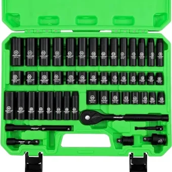 SWANLAKE 3/8" Drive Impact Socket Set, 50-Piece Standard SAE (5/16 to 3/4 inch) and Metric (8-22mm) Size, 6 Point, Cr-V, 3/8-Inch Ratchet Handle,...