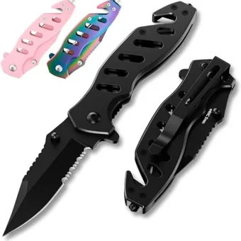 Tactical Legal Knife for Men Women - 2.68 Inch Serrated Blade Small Black Pocket Knife with Glass Breaker Seatbelt Cutter - Cool Folding Knives for...