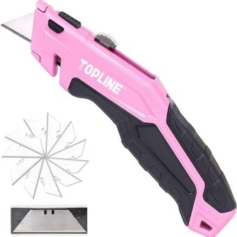 TOPLINE Retractable Pink Utility Knife, Retractable Pink Box Cutter, Blade Storage Design, 18-Piece SK5 Blades and a Dispenser Included (1 PACK(PINK))