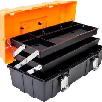 Torin 17-Inch Plastic Tool Box,3-Tiers Multi-Function Storage Portable Toolbox Organizer, Black/Orange ATRJH-3430T