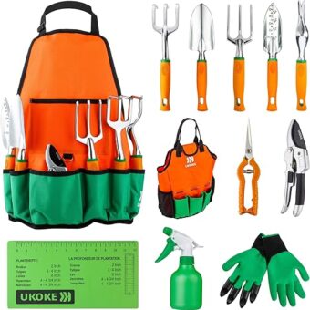 UKOKE Garden Tool Set, 12 Piece Aluminum Hand Tool Kit, Garden Canvas Apron with Storage Pocket, Outdoor Tool, Heavy Duty Gardening Work Set with...