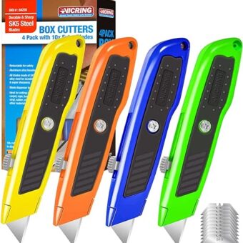 Utility Knife Box Cutter Retractable Heavy Duty SK5 Steel Blades Razor Knife Utility For Boxes Cardboard Carpet 2Pack Box Cutters (4-Pack,...