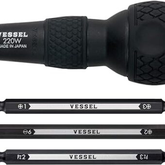 VESSEL BALL GRIP 1/4" Hex. Bit Interchangeable Screwdriver (Bit 3PC. (+1, 3 / +2, -6 / PZ2, PZ3) SET. 220W3J1)