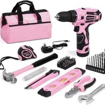 WORKPRO 12V Pink Cordless Drill Driver and Home Tool Kit, Hand Tool Set for DIY, Home Maintenance, 14-inch Storage Bag Included - Pink Ribbon