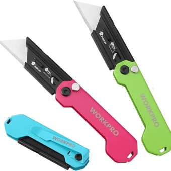 WORKPRO 3-Pack Folding Utility Knife, Razor Blade Knife with Safety Axis Lock, Quick Change Blade Box Cutter, EDC Pocket Knife with Belt Clip