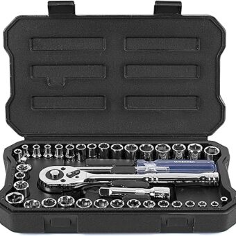 WORKPRO 39-Piece Drive Socket Set 1/4''3/8'', CR-V Metric and Imperial Sockets with Quick-Release Ratchet Wrench, Compact Sockets Set for Car Repair