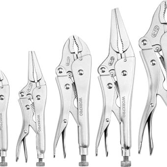 WORKPRO 5-Piece Locking Pliers Set, Pliers Tool Set, Vice Grips with Chrome-vanadium Steel, 5/7/10 inch Curved Jaw Pliers, 6.5/9 inch Long Nose Pliers