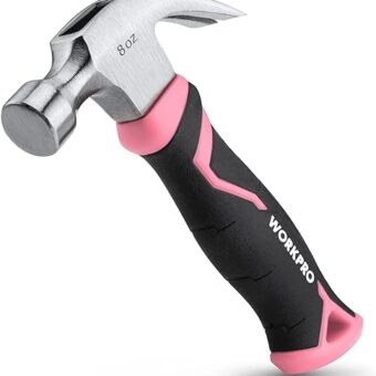 WORKPRO 8 oz Claw Hammer with Fiberglass Handle, All Purpose Hammer with Forged Hardened Steel Head, Smooth Face & Shock Reduction Grip - Pink Ribbon