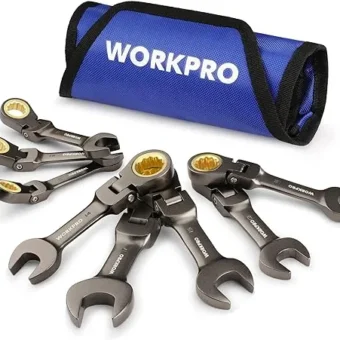 WORKPRO 8-Piece Flex-Head Stubby Ratcheting Combination Wrench Set, Metric 9-17 mm, 72-Teeth, CRV, Nickel Plating with Rolling Pouch