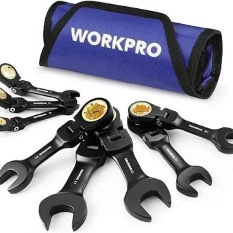 WORKPRO 8-Piece Stubby Anti-slip Ratcheting Combination Wrench Set, Metric 8-17 mm, 72-Teeth, CRV, Black Electrophoretic Coating, Flex-Head Wrench...