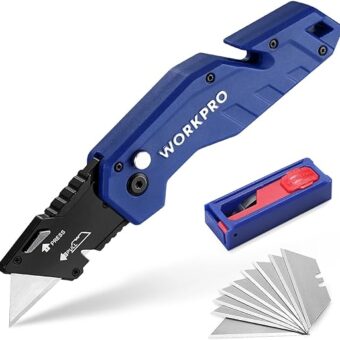 WORKPRO Folding Utility Knife, Box Cutter with Belt Clip, Quick-Change Blade, Lightweight Nylon Handle, Wire Stripper & Gut Hook, Extra 10 SK5...