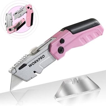 WORKPRO Folding Utility Knife, Quick-Change Pink Box Cutter with Blade Storage Compartment Hidden in Lightweight Aluminum Die-cast Handle, 12 Extra...