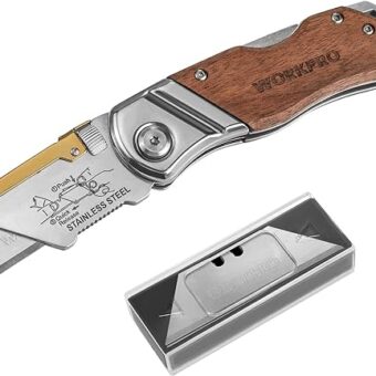 WORKPRO Folding Utility Knife with Belt Clip and Extra 10-piece Blades, Wood Handle Heavy Duty Cutter, Quick-change & Back Lock