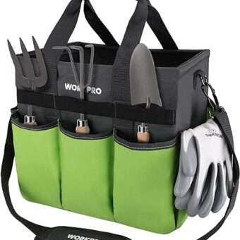 WORKPRO Garden Tote Bag, Heavy Duty Gardening Tool Bag with 10 Pockets and Long Adjustable Shoulder Strap, Standable Garden Home Tool Kits Organizer