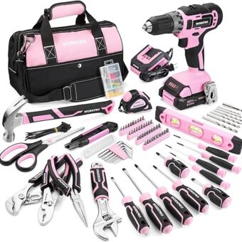 WORKPRO Pink Household Tool Kit with Drill, 157PCS Tool Set with 20V Cordless Lithium-ion Drill Driver, Home Tool Kit for All Purpose, Power Drill...