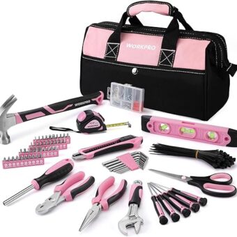 WORKPRO Pink Tool Kit, 263-Piece Home Repairing Tool Set with Wide Mouth Open Storage Bag, Household Tool Kit - Pink Ribbon