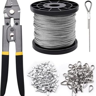 328ft Wire Rope Crimping Tool Kit, Stainless Steel Wire Rope Cable with Aluminum Crimping Sleeves and Stainless Steel Thimbles for Railing,...