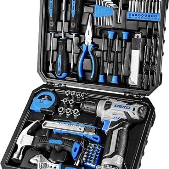 DEKOPRO Drill Set: Tool Set with 8V Blue Cordless Drill, Home Tool Kit with Drill, Hand Tool Kits for Women 126 Piece