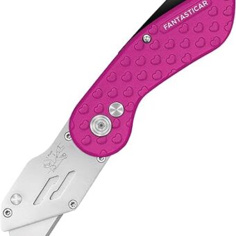 FantastiCAR Folding Utility Knife Cute Box Cutter, Chic Hearts Pattern on Metal Body, with 5 Extra Blades (Hot Pink)