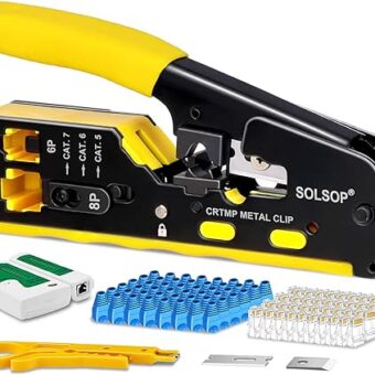 Solsop Pass Through RJ45 Crimp Tool Kit All-in-One Ethernet Crimper Cat7 Cat6 Cat5 Crimping Tool with Network Cable Tester, 50-Pack Cat6 RJ45 Pass...