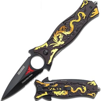 TAC Force TF-707 Series Assisted Opening Folding Knife, Black Half-Serrated Blade, Dragon Handle, 4-1/2-Inch Closed