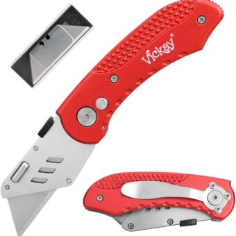 Vickay Box Cutter Folding Utility Knife Heavy Duty with 5 SK5 Quick Change Blades, Safety Axis Lock Design Razor Knife, Lightweight Aluminum Body...