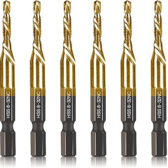 6-pc 8-32NC Combination Drill Tap Bit Set SAE, 8-32NC Thread Size, Titanium Coated High-Speed Steel, Ideal for Drilling Threading and...