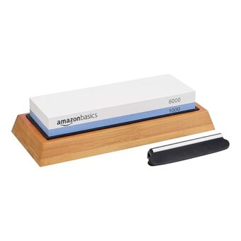 Amazon Basics Whetstone Knife Sharpening Wet Stone Dual Sided 1000/6000 Grit with Non-Slip 1 Pc, Bamboo Base, Black & Grey