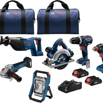 BOSCH GXL18V-601B25 18V 6-Tool Combo Kit with 2-In-1 Bit/Socket Impact Driver, Hammer Drill/Driver, Reciprocating Saw, Circular Saw, Angle Grinder,...