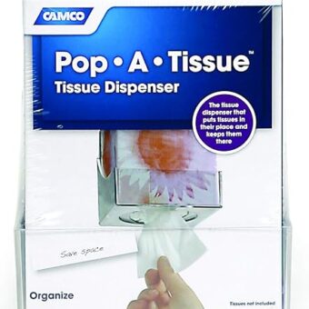 Camco 57101 Pop-A-Tissue- Tisssue Box Holder- Mounts to Walls and Cabinets, Dispenses Tissue and Holds Tissue Boxes Upward or Downward- Perfect for...