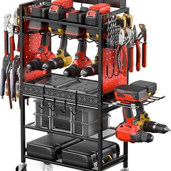 CCCEI Power Tool Organizer Cart with Charging Station, Garage Floor Rolling Storage Cart on Wheels for Mechanic, Mobile 6 Drill, Tool Box Utility...