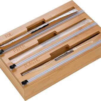 Honey Can Do 3-In-1 Bamboo Food Wrap Organizer With Safety Cutter | Plastic, Wax, Paper and Foil Holder KCH-09858 Natural