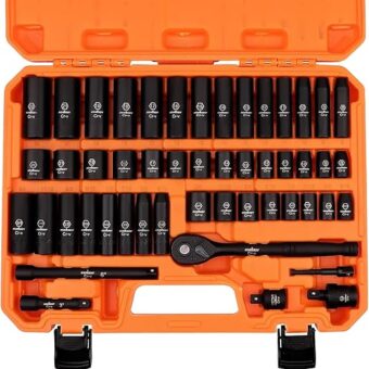 HORUSDY 3/8" Drive Impact Socket Set, 50-Piece Standard SAE (5/16 to 3/4 inch) and Metric (8-22mm) Size, 6 Point, Cr-V, 3/8-Inch Drive Ratchet...