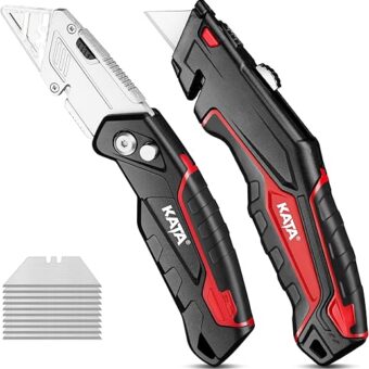 KATA 2Pack Utility Knife Box Cutter Retractable Folding Razor Knife Set Heavy Dudy Safety Cutter, 10pcs SK5 Sharp Blades Included, Red