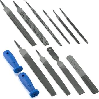 NEIKO 00109A Metal File and Rasp Set | 12 Piece, 10, 8, and 6 Inch Extra Slim Flat, Half, Mill, and Round Files Set | Non Slip PVC Handle, Wood...