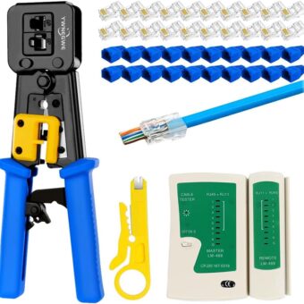 RJ45 Crimp Tool Kit Pass Thru Cat5 Cat5e Cat6 RJ45 Crimping Tool with 20PCS RJ45 Cat6 Pass Through Connectors, 20PCS Covers,1 Wire Punch Down...