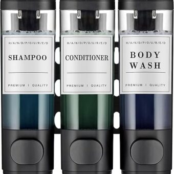 Shower Soap Dispenser, Shampoo Dispenser for Wall Mounted 3 Chamber No Drill Black Bathroom Hotel Simple Human RV, Bottles Refillable with Labels...