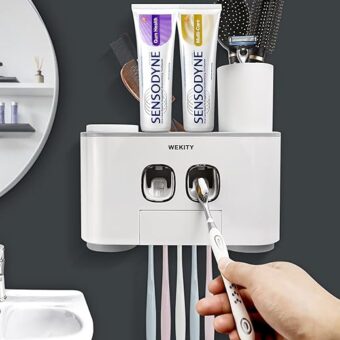 Toothbrush Holder Wall Mounted, WEKITY Multi-Functional Toothbrush and Toothpaste Dispenser for Bathroom, with 5 Toothbrush Slots, 2 Toothpaste...