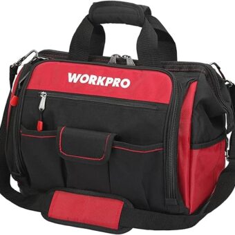 WORKPRO 16" Top Wide Mouth Tool Bag with Water Proof Rubber Base, Multi-Compartment, 46 Pockets, For Tool Organizer & Storage, W081122A