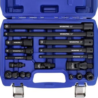 WORKPRO 18-Pieces Drive Tool Accessory Set, Includes Socket Adapters, Socket Extension Bar, Swivel Universal Joints and Impact Coupler, 1/4", 3/8"...