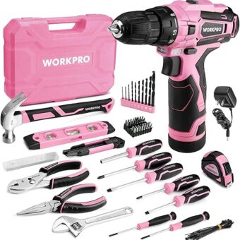 WORKPRO Pink Tool Set with Power Drill, 108PCS Portable Ladies Pink Drill Kit for Home with Toolbox and Pink Hammer, 1.5 Ah Cordless Drills with...