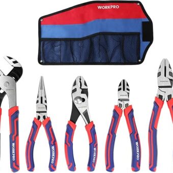 WORKPRO Pliers Set, Premium Cr-V Construction, Includes 6 Inch Slip Joint Pliers, 6 Inch Long Nose, 6 Inch Diagonal Cutting, 8 Inch Groove Joint, 7...