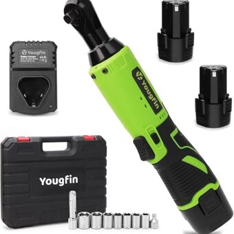 Yougfin Cordless Electric Ratchet Wrench Set, 40 Ft-lbs 12V Power Ratchet Kit with 60-Min Fast Charger, Variable Speed, 2 Packs 2000mAh Lithium-Ion...