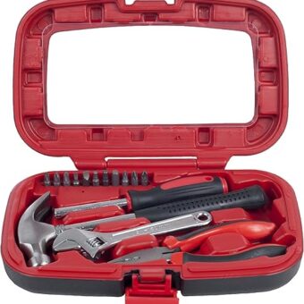 15-Piece Tool Set - Household Tool Kit with Hammer, Multi-Bit Screwdriver Set, Pliers, Wrench- Tools and Equipment for DIY Projects by Stalwart (Red)