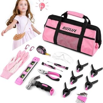 25 Piece Pink Tool Sets Kids Real,Hand Tool Kit with Storage Bag for Girls,Children DIY Building and Woodworking, Age 8+ Tool Set-25 Piece Pink...